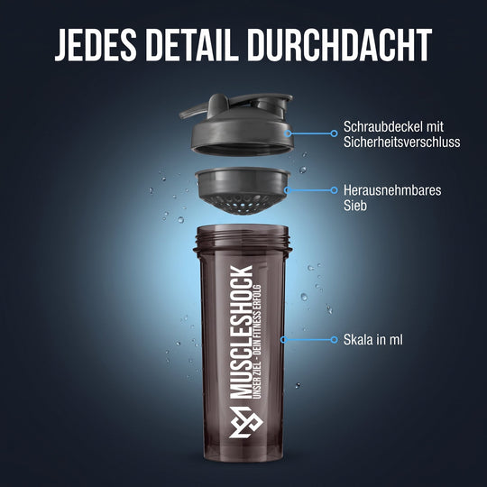 Shaker Midnight Black – Schraubdeckel mit Sicherheitsverschluss, herausnehmbares Sieb, Skala in ml