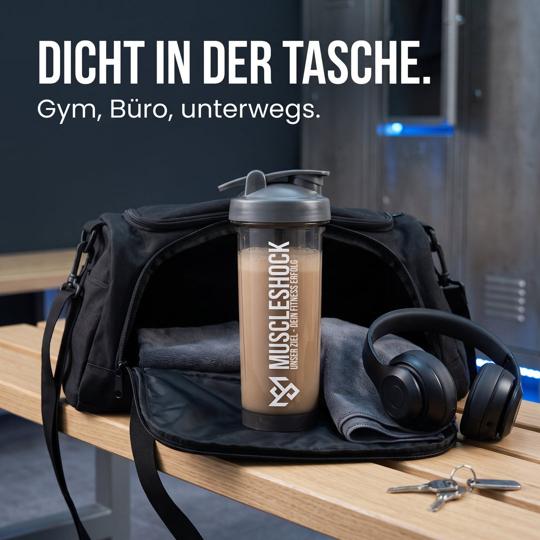 Muscleshock Shaker Midnight Black – dicht in der Tasche für Gym, Büro und unterwegs
