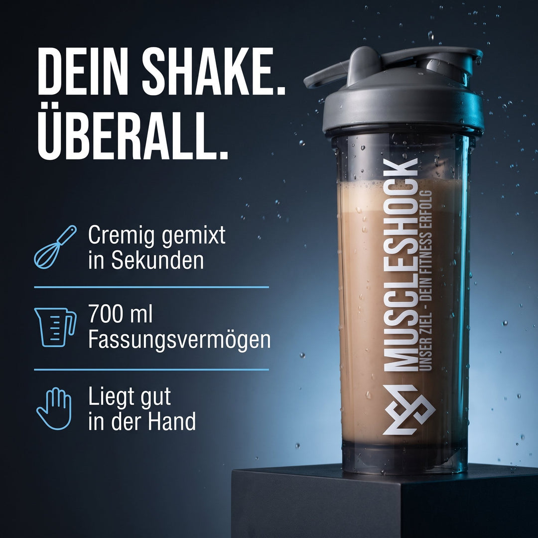 Muscleshock NXTGN Protein Shaker Midnight Black – 700 ml, cremig gemixt in Sekunden, liegt gut in der Hand