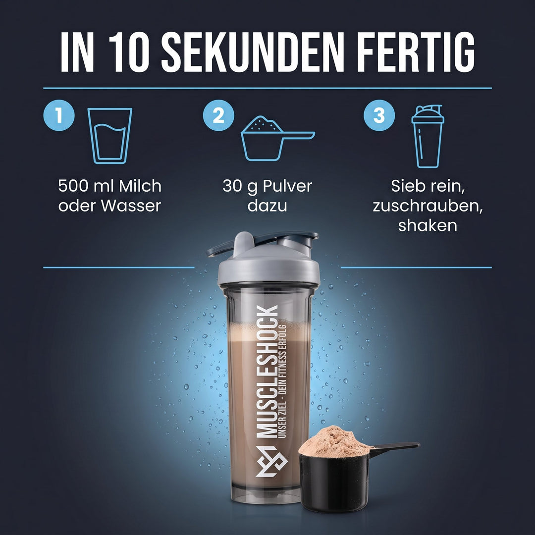 Shaker Nebula Grey – in 10 Sekunden fertig: 500 ml Milch oder Wasser, 30 g Pulver dazu, Sieb rein, zuschrauben, shaken