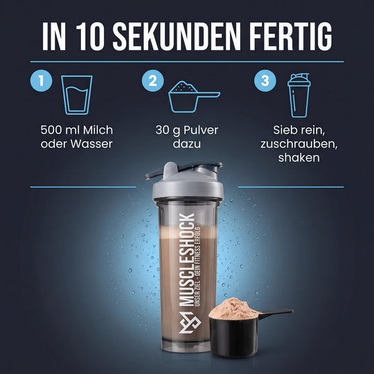 Shaker Nebula Grey – in 10 Sekunden fertig: 500 ml Milch oder Wasser, 30 g Pulver dazu, Sieb rein, zuschrauben, shaken