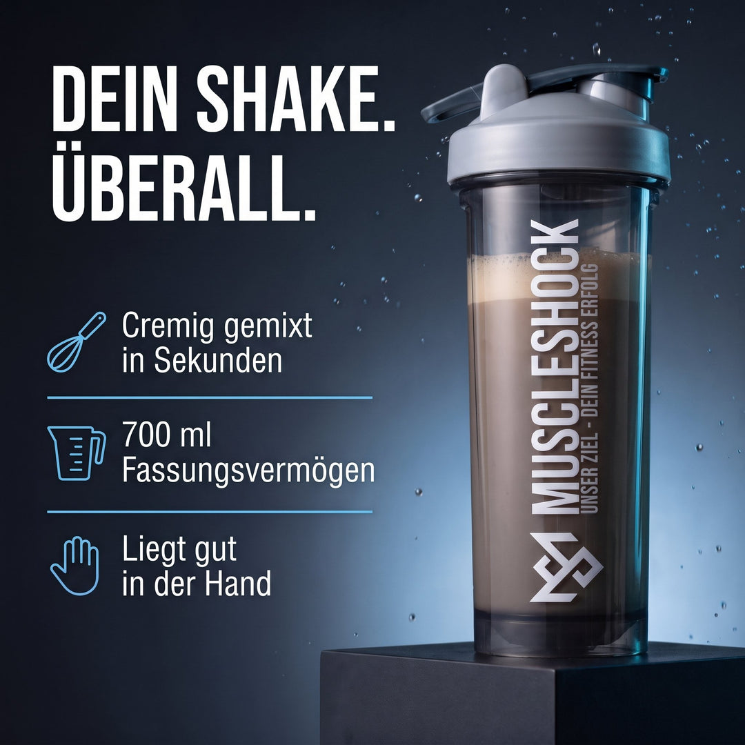 Muscleshock NXTGN Protein Shaker Nebula Grey – 700 ml, cremig gemixt in Sekunden, liegt gut in der Hand