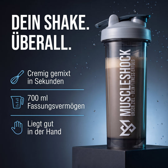 Muscleshock NXTGN Protein Shaker Nebula Grey – 700 ml, cremig gemixt in Sekunden, liegt gut in der Hand