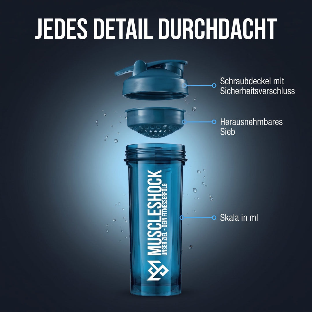 Shaker Ocean Blue – Schraubdeckel mit Sicherheitsverschluss, herausnehmbares Sieb, Skala in ml