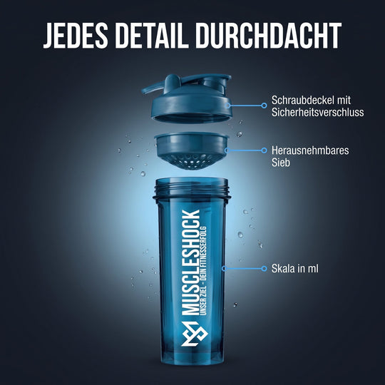 Shaker Ocean Blue – Schraubdeckel mit Sicherheitsverschluss, herausnehmbares Sieb, Skala in ml
