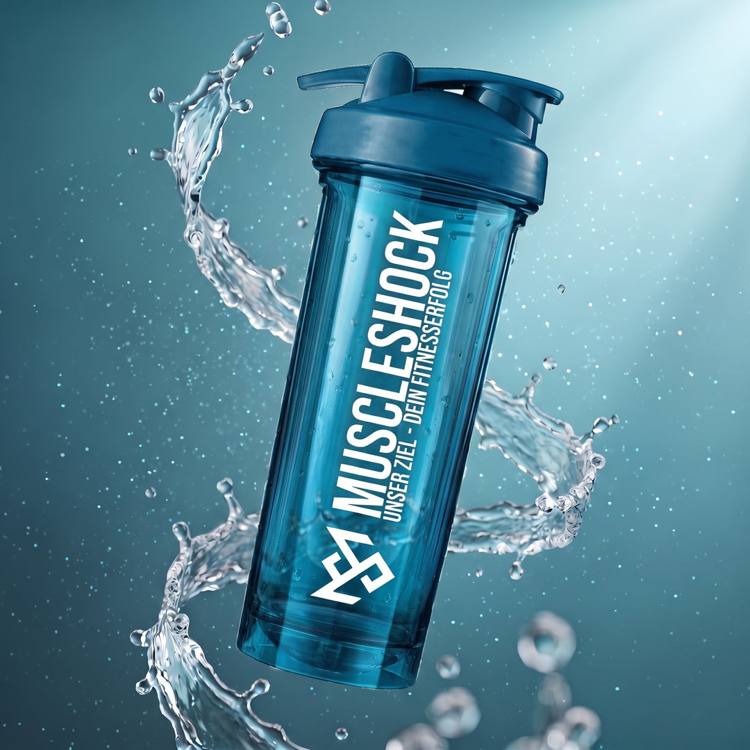 Muscleshock NXTGN Protein Shaker Ocean Blue: durchscheinender blauer Becher mit blauem Deckel und Aufdruck „Unser Ziel – Dein Fitnesserfolg“, umgeben von einem Wasserwirbel.