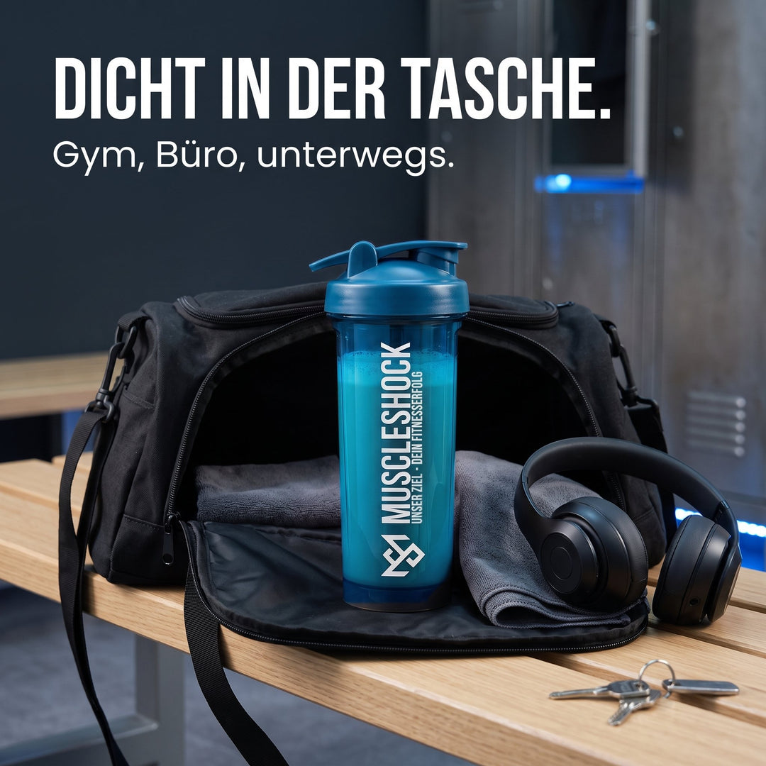Muscleshock Shaker Ocean Blue – dicht in der Tasche für Gym, Büro und unterwegs