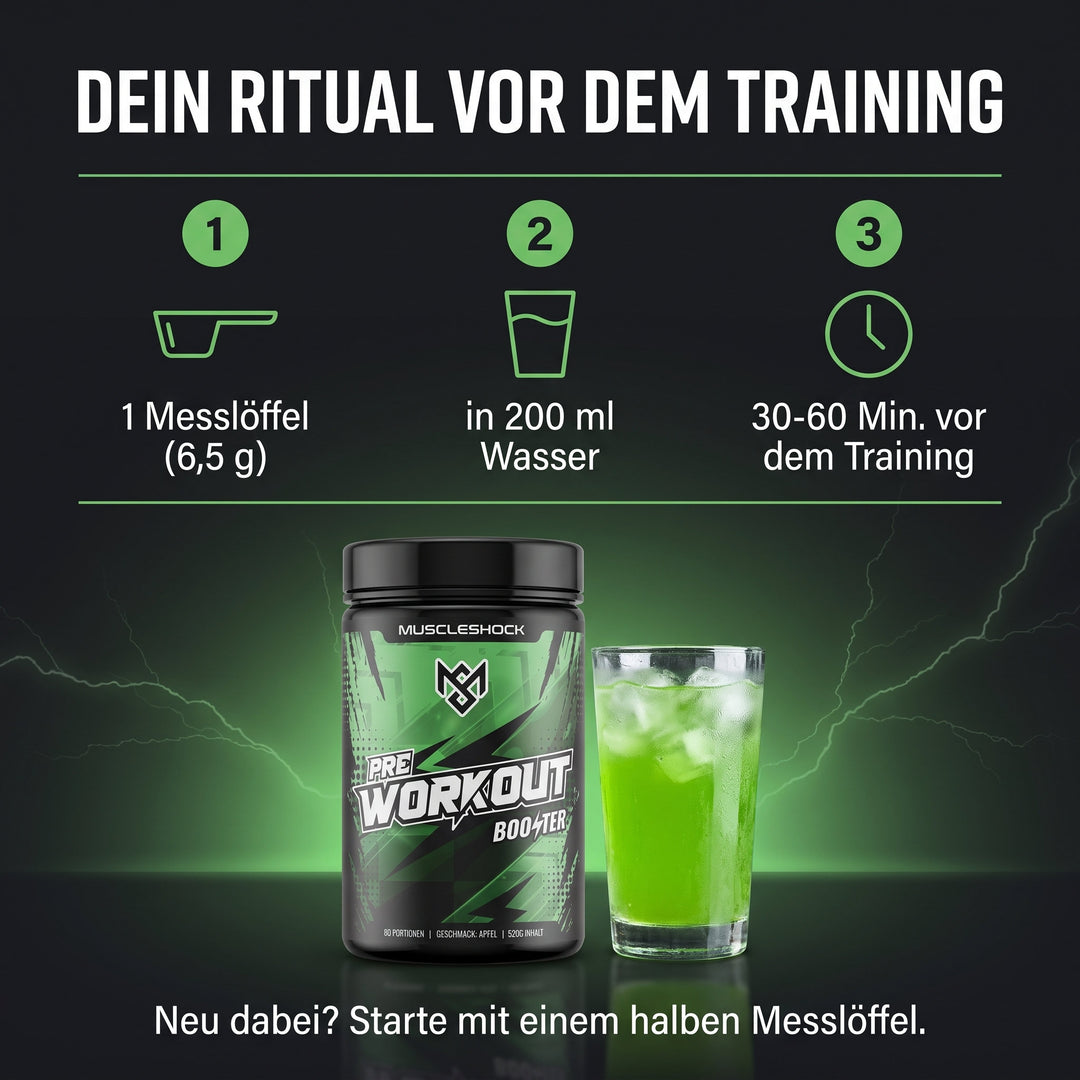 Shockwave Apfel – 1 Messlöffel (6,5 g) in 200 ml Wasser, 30–60 Minuten vor dem Training; Einsteiger starten mit einem halben Messlöffel