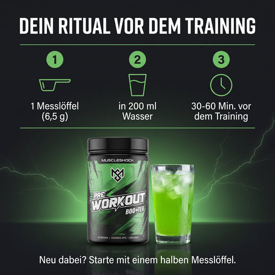 Shockwave Apfel – 1 Messlöffel (6,5 g) in 200 ml Wasser, 30–60 Minuten vor dem Training; Einsteiger starten mit einem halben Messlöffel
