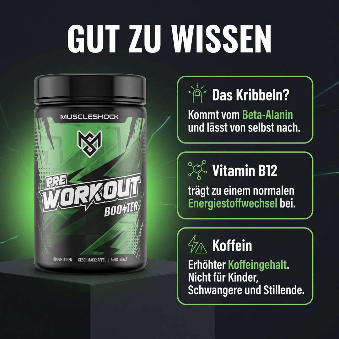 Shockwave Apfel – gut zu wissen: Das Kribbeln kommt vom Beta-Alanin. Vitamin B12 trägt zu einem normalen Energiestoffwechsel bei. Erhöhter Koffeingehalt – nicht für Kinder, Schwangere und Stillende