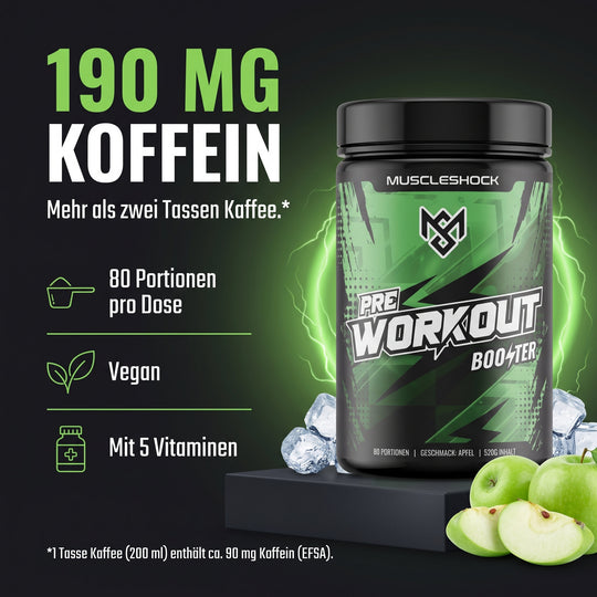 Muscleshock Shockwave Pre-Workout Booster Apfel – 190 mg Koffein pro Portion, 80 Portionen pro Dose, vegan, mit 5 Vitaminen