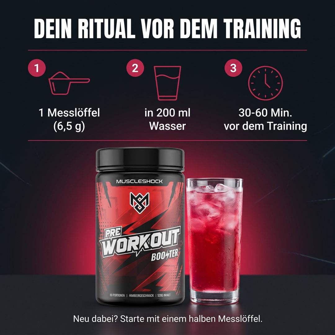 Shockwave Himbeere – 1 Messlöffel (6,5 g) in 200 ml Wasser, 30–60 Minuten vor dem Training; Einsteiger starten mit einem halben Messlöffel