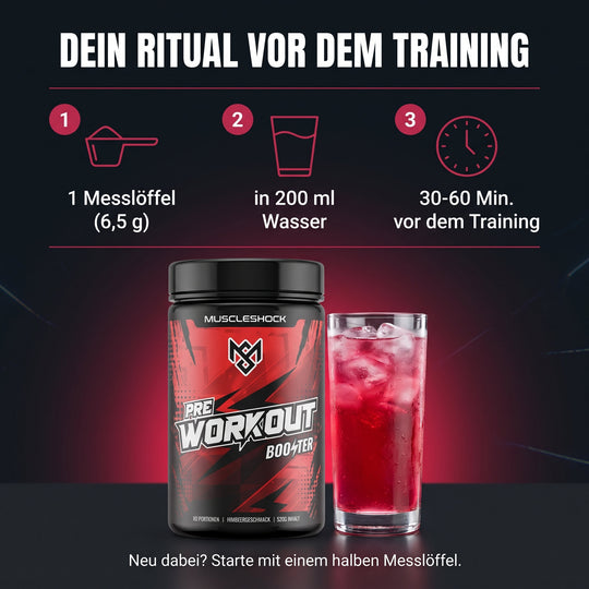 Shockwave Himbeere – 1 Messlöffel (6,5 g) in 200 ml Wasser, 30–60 Minuten vor dem Training; Einsteiger starten mit einem halben Messlöffel