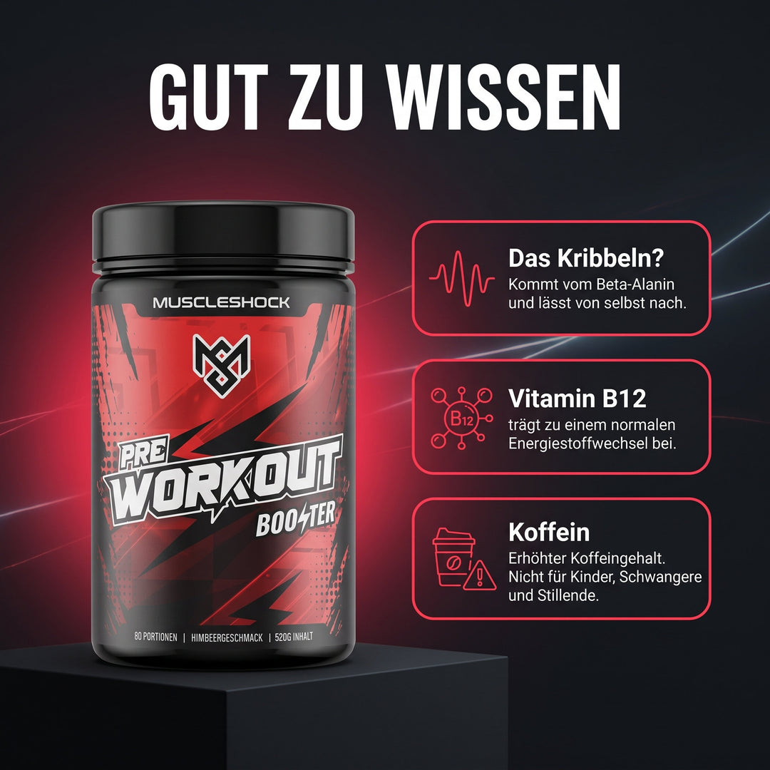 Shockwave Himbeere – gut zu wissen: Das Kribbeln kommt vom Beta-Alanin. Vitamin B12 trägt zu einem normalen Energiestoffwechsel bei. Erhöhter Koffeingehalt – nicht für Kinder, Schwangere und Stillende