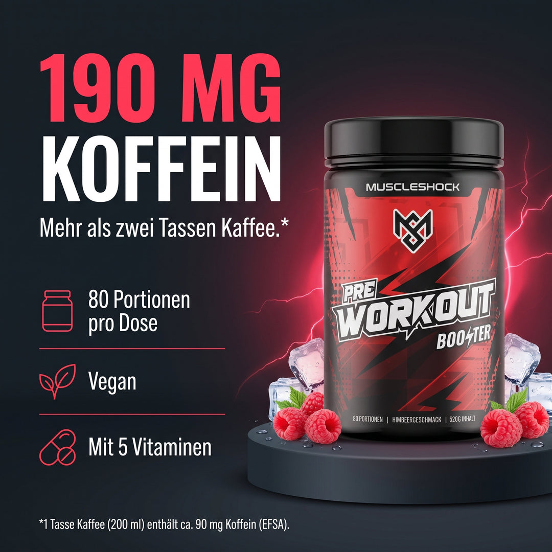 Muscleshock Shockwave Pre-Workout Booster Himbeere – 190 mg Koffein pro Portion, 80 Portionen pro Dose, vegan, mit 5 Vitaminen