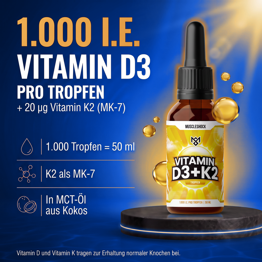 Vitamin D3 + K2 Tropfen: 1.000 I.E. Vitamin D3 pro Tropfen plus 20 µg Vitamin K2 (MK-7), 1.000 Tropfen = 50 ml, in MCT-Öl aus Kokos