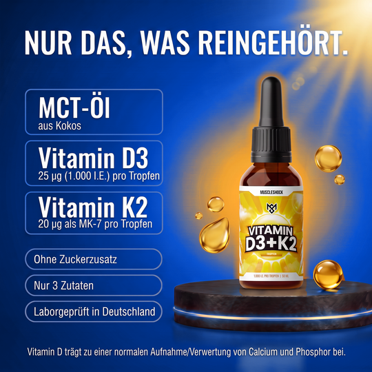 Zutaten der Vitamin D3 + K2 Tropfen: MCT-Öl aus Kokos, Vitamin D3 25 µg (1.000 I.E.) und Vitamin K2 20 µg als MK-7 pro Tropfen – ohne Zuckerzusatz, laborgeprüft in Deutschland