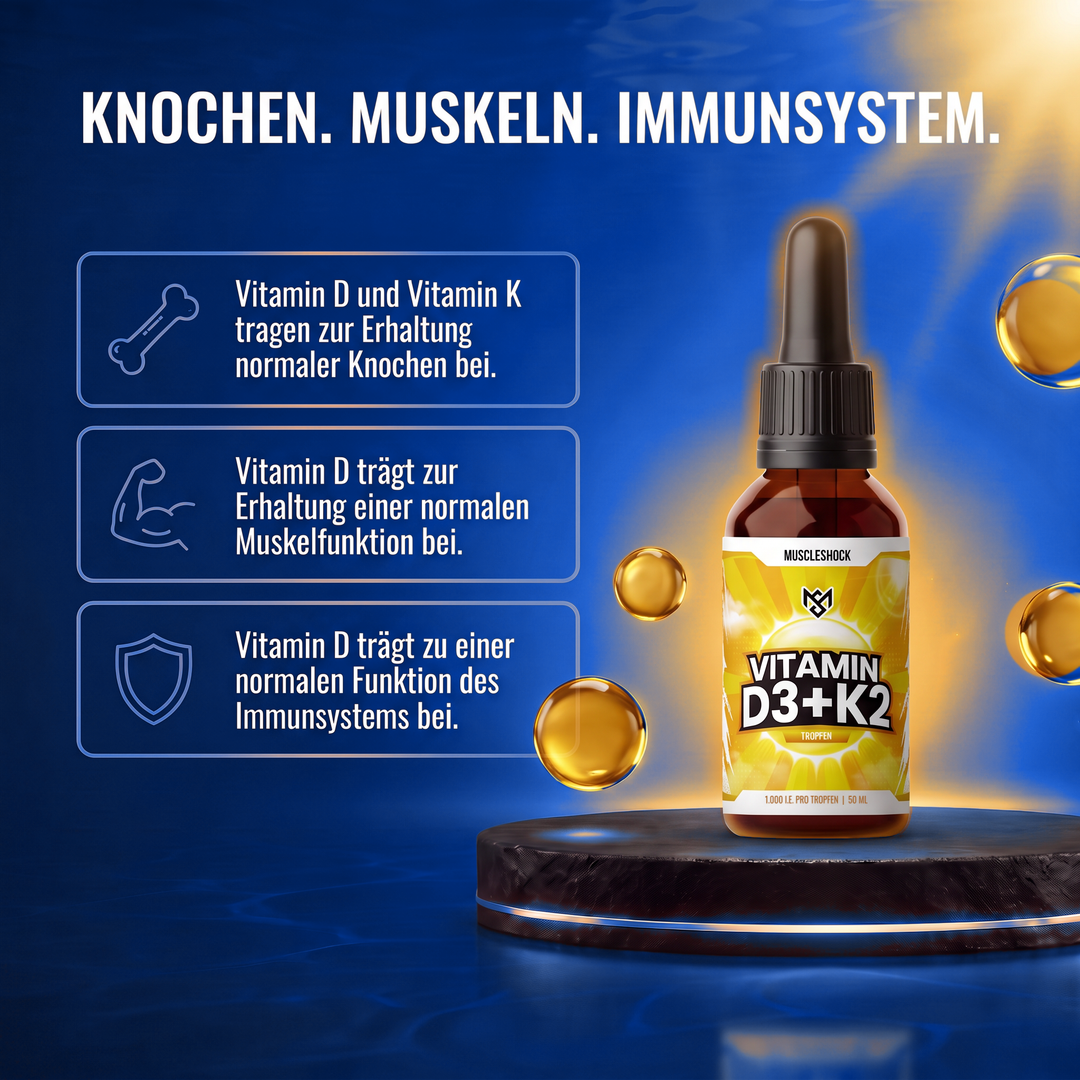 Vitamin D und Vitamin K tragen zur Erhaltung normaler Knochen bei. Vitamin D trägt zur Erhaltung einer normalen Muskelfunktion und zu einer normalen Funktion des Immunsystems bei.