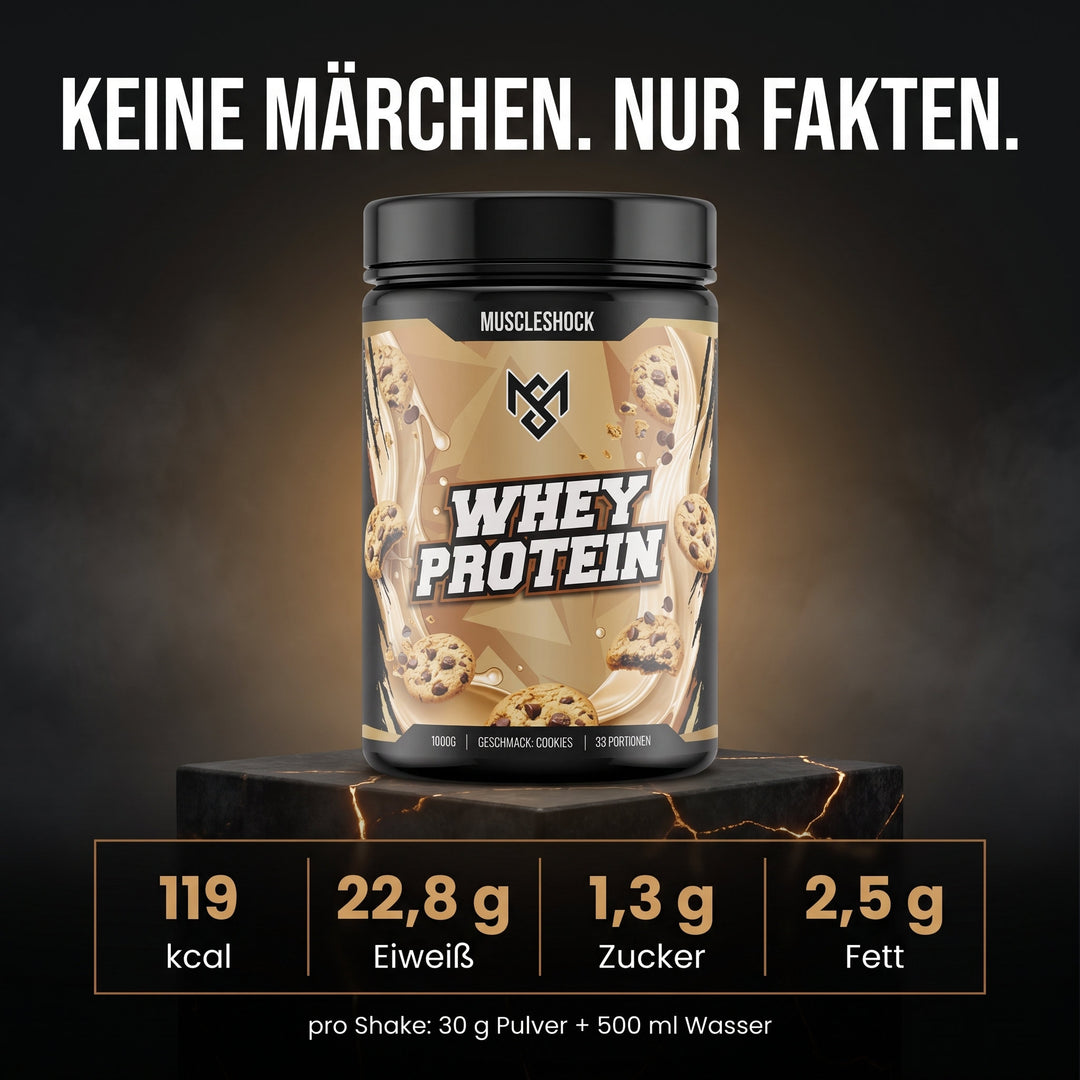 Whey Protein Cookies – Nährwerte pro Shake (30 g Pulver + 500 ml Wasser): 119 kcal, 22,8 g Eiweiß, 1,3 g Zucker, 2,5 g Fett