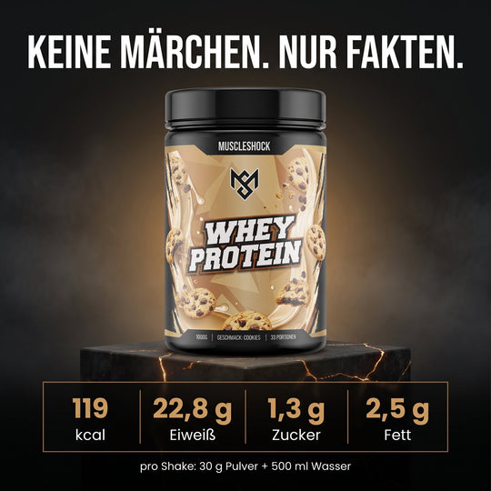 Whey Protein Cookies – Nährwerte pro Shake (30 g Pulver + 500 ml Wasser): 119 kcal, 22,8 g Eiweiß, 1,3 g Zucker, 2,5 g Fett