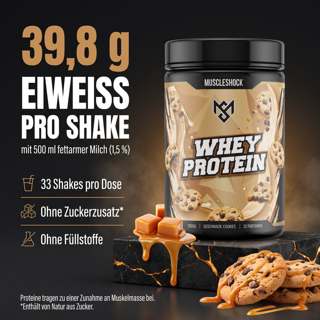 Muscleshock Whey Protein Cookies – 39,8 g Eiweiß pro Shake mit 500 ml fettarmer Milch, 33 Shakes pro Dose, ohne Zuckerzusatz (enthält von Natur aus Zucker), ohne Füllstoffe