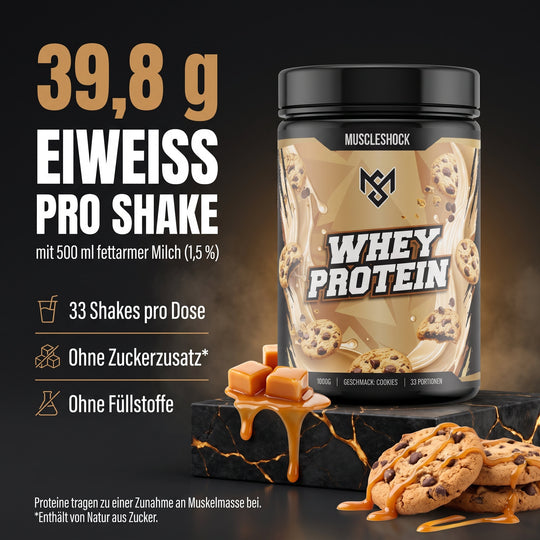 Muscleshock Whey Protein Cookies – 39,8 g Eiweiß pro Shake mit 500 ml fettarmer Milch, 33 Shakes pro Dose, ohne Zuckerzusatz (enthält von Natur aus Zucker), ohne Füllstoffe