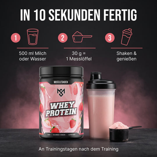 Whey Protein Erdbeere – Zubereitung in 10 Sekunden: 30 g (1 Messlöffel) mit 500 ml Milch oder Wasser shaken, an Trainingstagen nach dem Training