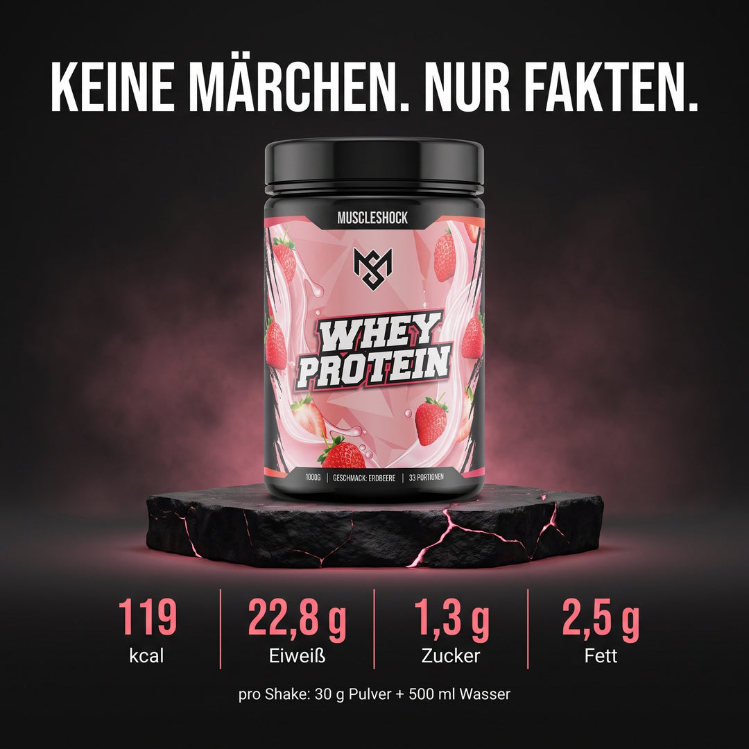 Whey Protein Erdbeere – Nährwerte pro Shake (30 g Pulver + 500 ml Wasser): 119 kcal, 22,8 g Eiweiß, 1,3 g Zucker, 2,5 g Fett