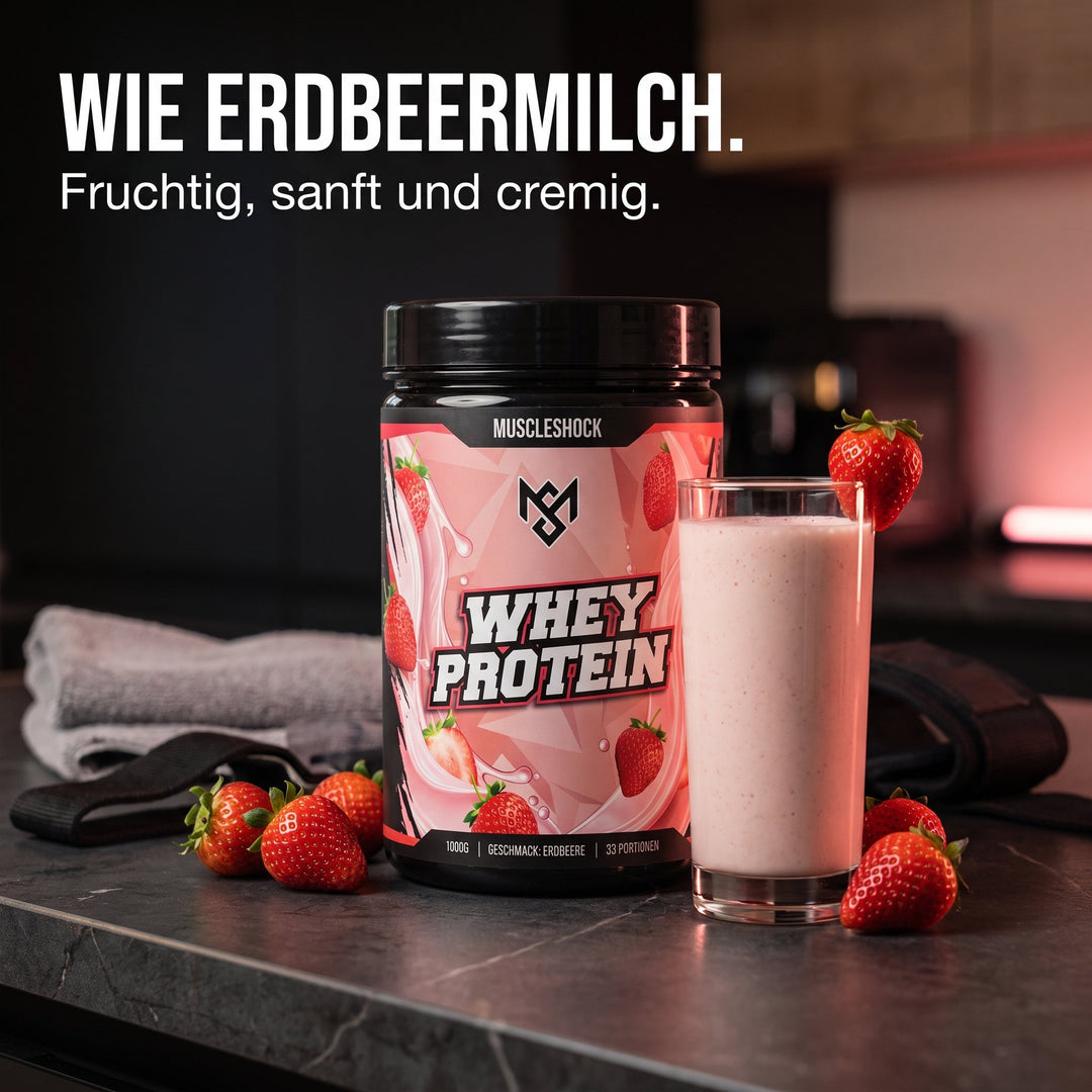 Muscleshock Whey Protein Erdbeere – wie Erdbeermilch – fruchtig, sanft und cremig
