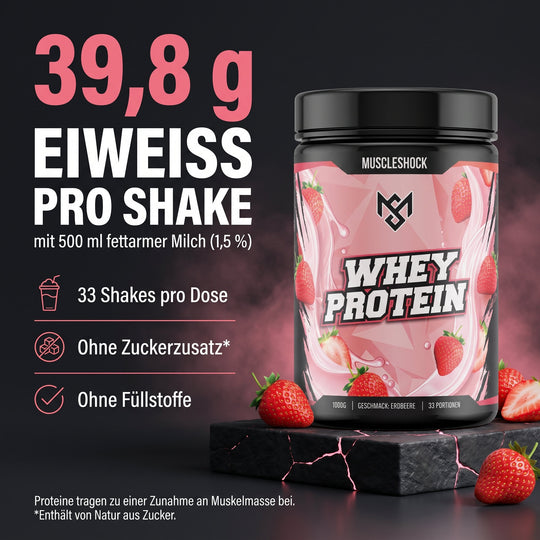 Muscleshock Whey Protein Erdbeere – 39,8 g Eiweiß pro Shake mit 500 ml fettarmer Milch, 33 Shakes pro Dose, ohne Zuckerzusatz (enthält von Natur aus Zucker), ohne Füllstoffe