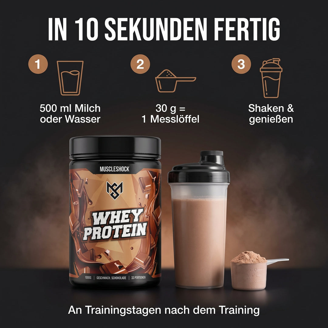 Whey Protein Schokolade – Zubereitung in 10 Sekunden: 30 g (1 Messlöffel) mit 500 ml Milch oder Wasser shaken, an Trainingstagen nach dem Training