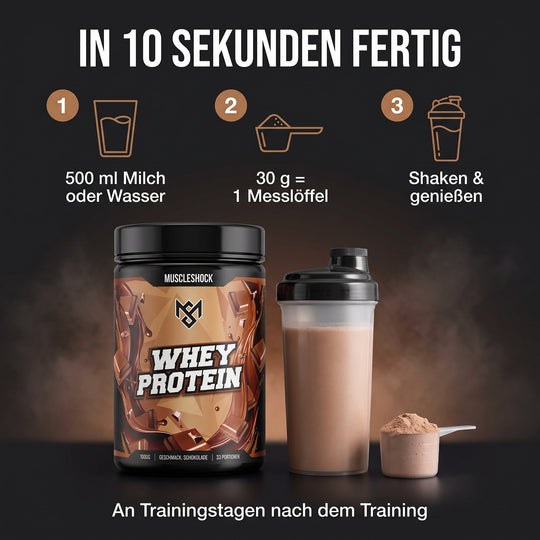 Whey Protein Schokolade – Zubereitung in 10 Sekunden: 30 g (1 Messlöffel) mit 500 ml Milch oder Wasser shaken, an Trainingstagen nach dem Training
