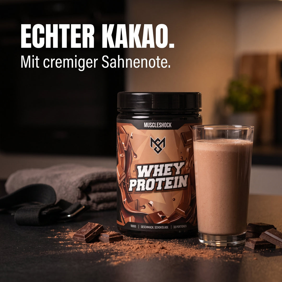 Muscleshock Whey Protein Schokolade – echter Kakao – mit cremiger Sahnenote