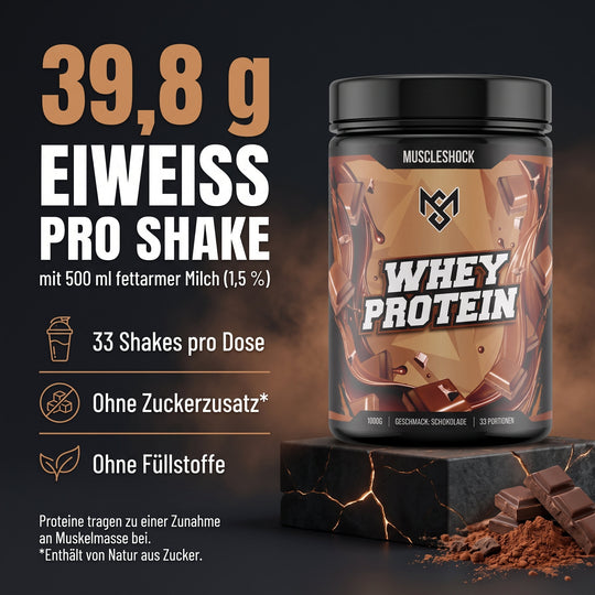 Muscleshock Whey Protein Schokolade – 39,8 g Eiweiß pro Shake mit 500 ml fettarmer Milch, 33 Shakes pro Dose, ohne Zuckerzusatz (enthält von Natur aus Zucker), ohne Füllstoffe