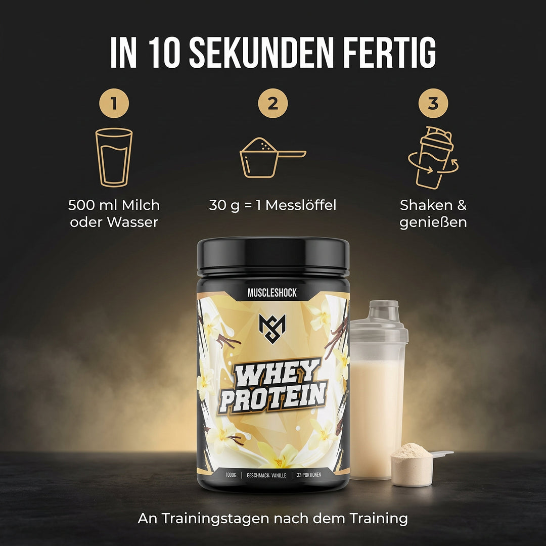 Whey Protein Vanille – Zubereitung in 10 Sekunden: 30 g (1 Messlöffel) mit 500 ml Milch oder Wasser shaken, an Trainingstagen nach dem Training