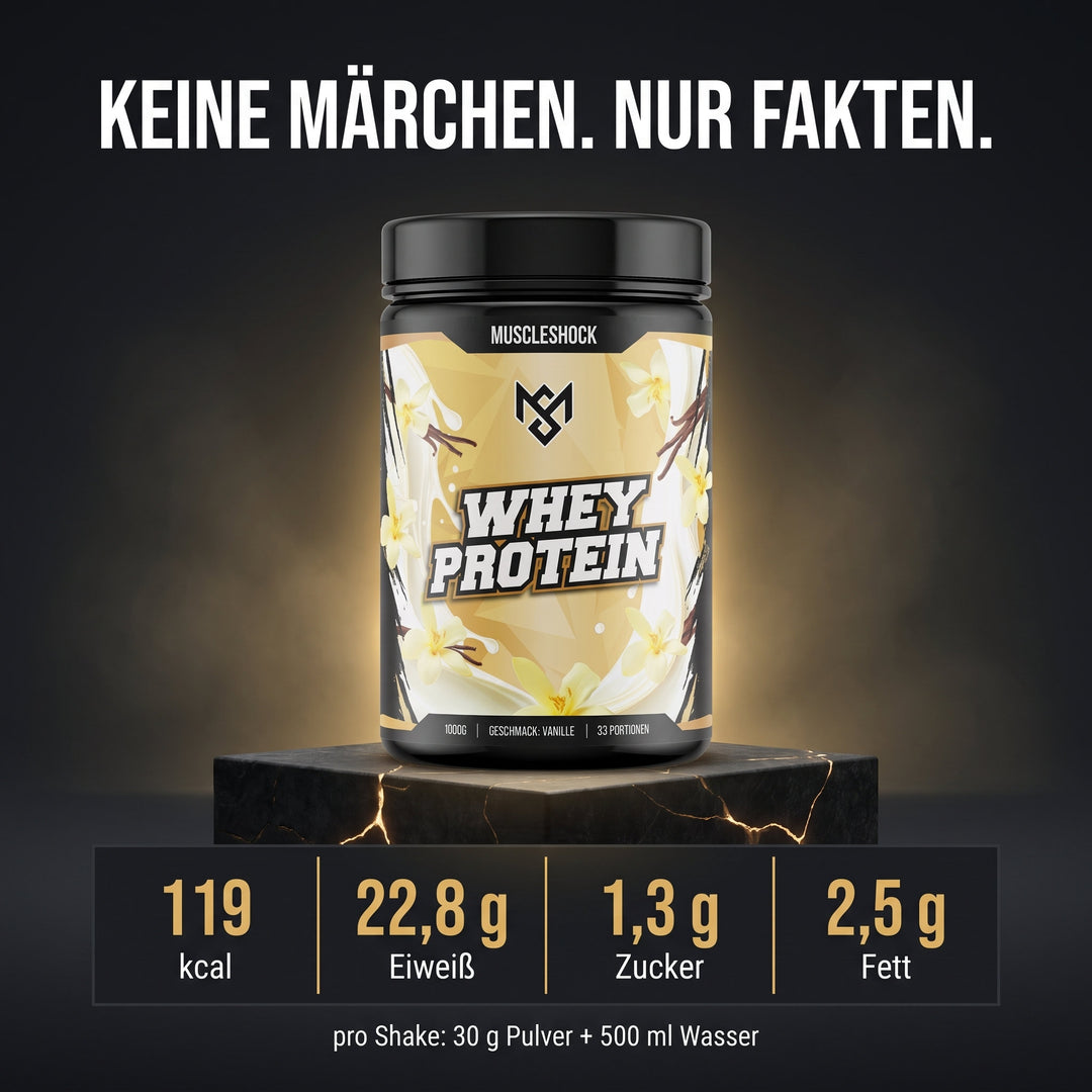 Whey Protein Vanille – Nährwerte pro Shake (30 g Pulver + 500 ml Wasser): 119 kcal, 22,8 g Eiweiß, 1,3 g Zucker, 2,5 g Fett