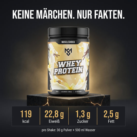 Whey Protein Vanille – Nährwerte pro Shake (30 g Pulver + 500 ml Wasser): 119 kcal, 22,8 g Eiweiß, 1,3 g Zucker, 2,5 g Fett