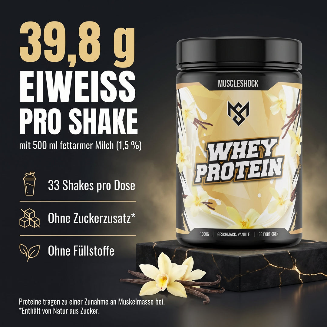 Muscleshock Whey Protein Vanille – 39,8 g Eiweiß pro Shake mit 500 ml fettarmer Milch, 33 Shakes pro Dose, ohne Zuckerzusatz (enthält von Natur aus Zucker), ohne Füllstoffe